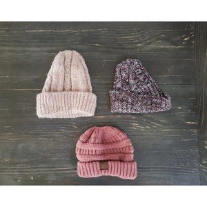 C.C Exclusives Cable Knit Messy Bun Ponytail Beanie  Hat Pink + 2 Unbranded Hats